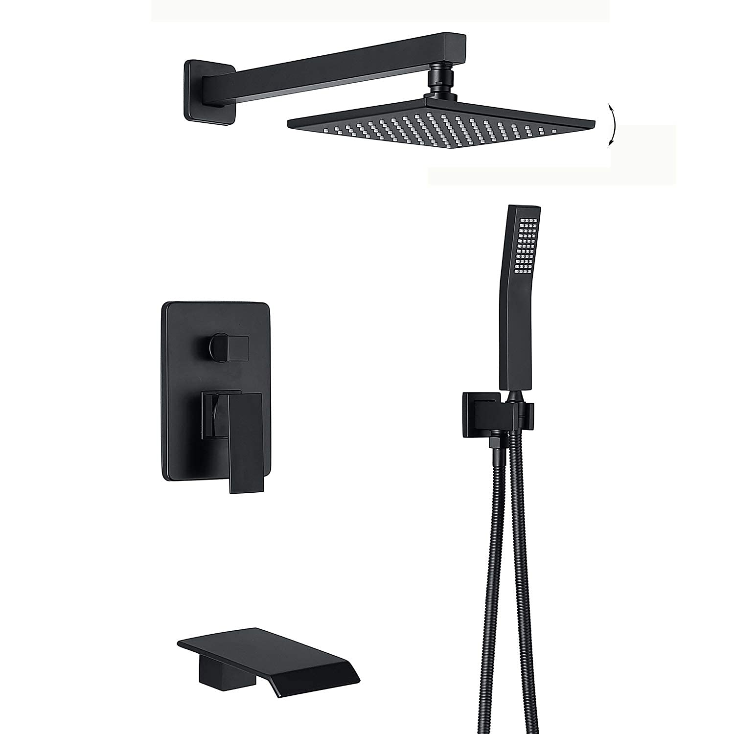 OZBMA Matte Black with Waterfall Tub Spout, Square 8-10" Rainfall Shower Head Ceramic Valve Wall Mounted System Set and Hose,10 Inch (size_name 8 Inch)