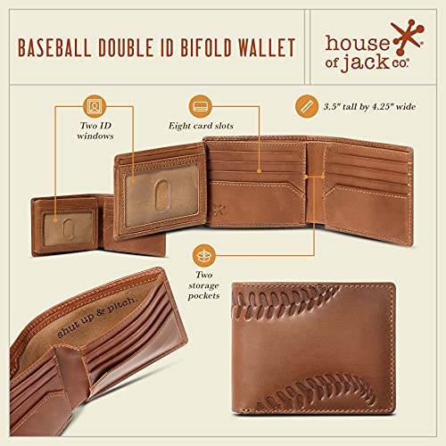 House of Jack Co. Baseball Bifold Wallet for Men with Two ID Windows, Baseball Fan Gift, Full Grain Cowhide Leather Wallet, Brown3