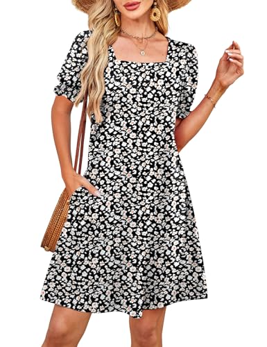 Image of RUMIA Summer Dresses for Women 2025 Casual Cute Square Neck Puff Short Sleeve Dress with Pockets