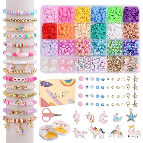 Image of ZORVO Bracelet Making Set, Clay Beads Kit, Macaron Color Beads for Bracelet Making for Girls Kids, Letter Beads with Unicorn Pendants, Crystal Star Flower Hair Beads Set for DIY Jewellery Crafts (New Unicorn)