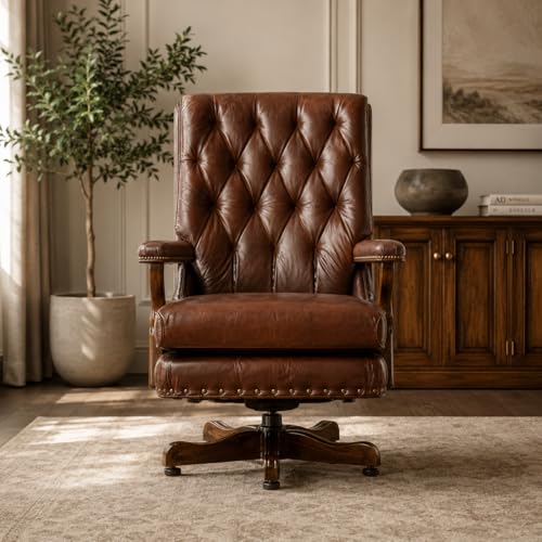 Image of LAKDI Furniture Premium Genuine Leather Executive Office Chair with Tufted High Back, Wooden Arms & Swivel Base | Ergonomic CEO Boss Chair for Home & Office | 5 Year Warranty | Free Assembly
