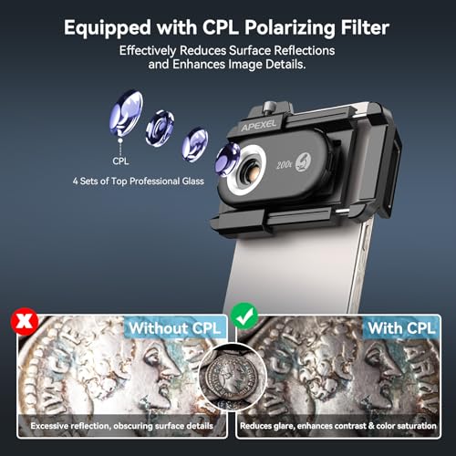 Image of APEXEL Phone Microscope Lens, PhoneMicro 5 Series 200X Phone Micro Lens for Android /iPhone With LED Light /CPL /Universal Clip, Mini Pocket Microscope, Smartphone Camera Attachment for iPhone & Android.