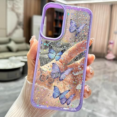 Image of VONZEE for Samsung Galaxy A36 5G Clear Glitter Butterfly Case, Cute Bling Sparkle Shiny Soft Silicone TPU Bumper Shockproof Women Girls Slim Protective Phone Cover for Galaxy A36 5G, Purple