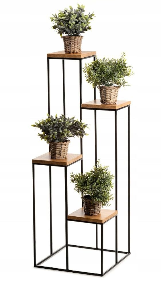4 Etagen Blumentreppe Metall - Pflanzentreppe 110 cm Hoch - Blumenregal mit MDF-Platten in Eichenoptik - Solider Blumenständer für die Innendekoration