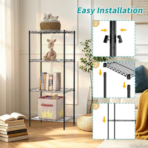 Image of BestOffice | 4-Tier Wire Storage Shelves | 12 inchD x 18 inchW x 44 inchH | Black | with Adjustable Racks PP Liners | Compact Metal Shelf, Holds Upto 600 lbs | Ideal for Kitchens Closets Bathrooms Small Corners
