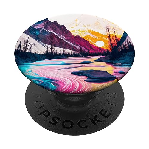 Mountain Wilderness Sunset Skyline Tree River Earthy Forest PopSockets Swappable PopGrip, Black