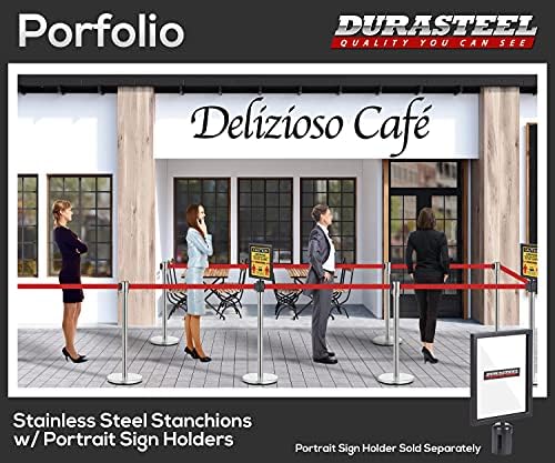 Image of DuraSteel Crowd Control Barriers Stanchions with Retractable Belts & Sign Holder - Metal Stanchion Posts w / 6.5ft Black Retractable Barrier Belt Ropes - Queue VIP Safety Line Dividers - Set of 6 Poles
