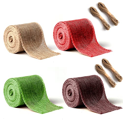 Dekoband Weihnachten, Bunt Juteband Breit 6cm, 3m/Roll Sackleinen Band Geschenkband, Weihnachten Juteband mit Juteseil für Floristen, Haushalt & Hobby (Natur, Rot, Grün, Braun) Cover