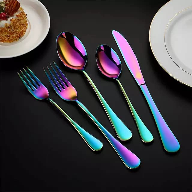 Image of aDai Combo Set of 40 Premium Rainbow Cutlery - Stainless Steel Luxury Dinnerware Tableware - Round Edge Serving Spoon Fork Knife - Reusable Mirror Finish for Home Kitchen Dining Table and Gift