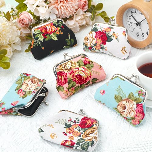 Image of 48 Pcs Vintage Canvas Floral Kiss Lock Coin Purses Bulk Rose Flower Change Wallets Gifts for Mother Day Women(4 x 3 Inch)
