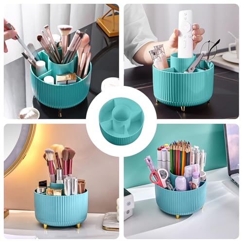 Image of Diesisa 360 Rotating Makeup Brush Organizer With 5 Sections, Spining Countertop Swivel Makeup Brush Holder for Cosmetics, Nail Polish, Art Supply, Bathroom Vanity Desktop Organizer - Blue
