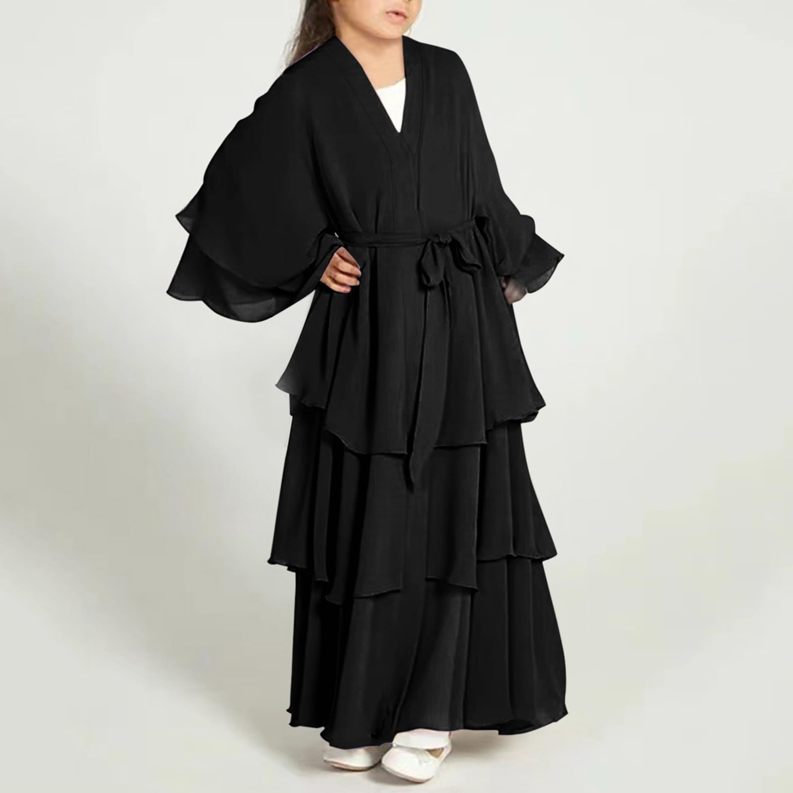 Vestido musulmán para niñas, cárdigan de gasa, elegante, casual, manga larga, Abaya, islámico, Ramadán, oración, fiesta, ropa cómoda y suave caftán