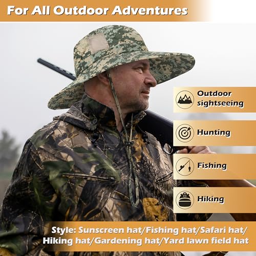 Image of Men Safari Sun Hat Wide Brim Boonie Fishing Cap with Adjustable Drawstring
