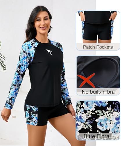 Halcurt Women's Two Piece Rash Guard Swimsuit Long Sleeve UPF 50 Swim Shirt with Board Shorts3