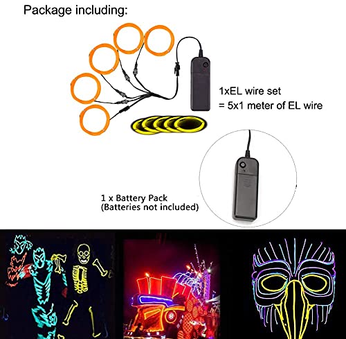 Image of MaxLax EL Wire Yellow, Noise Reduction Neon Wire Light 5 in 1 Meter, Electroluminescent Wire for Halloween Decoration, Christmas Party, DIY Decoration
