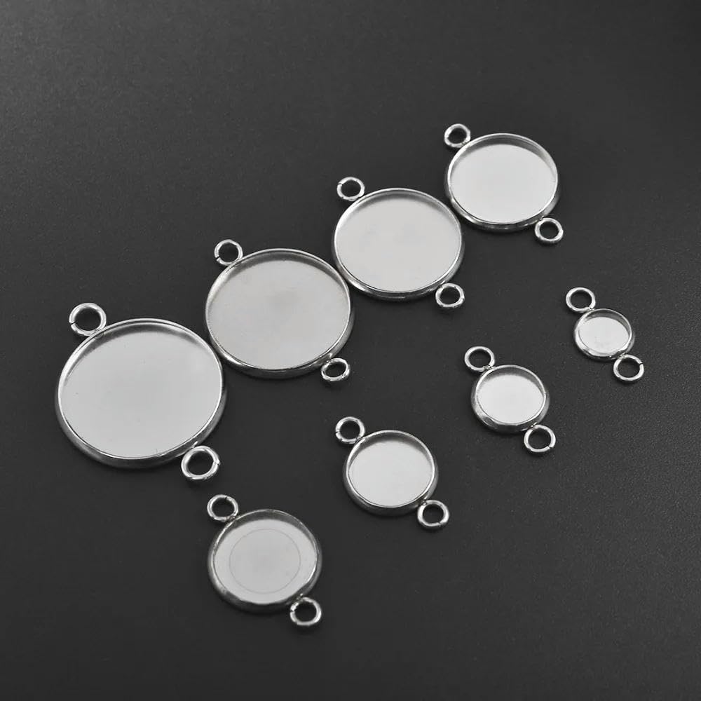 FZBANG 30Pcs Stainless Steel Connector Setting Round Double Loop Cabochon Base Cameo Bezel