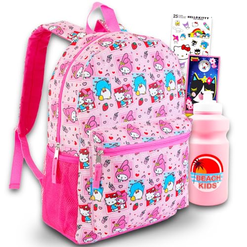 Sanrio Backpack Featuring Tuxedo Sam, My Melody, Hello Kitty - Bundle with 16” Pink Sanrio School Backpack Plus Water Bottle, Stickers, More | Hello Kitty and Friends School Bag