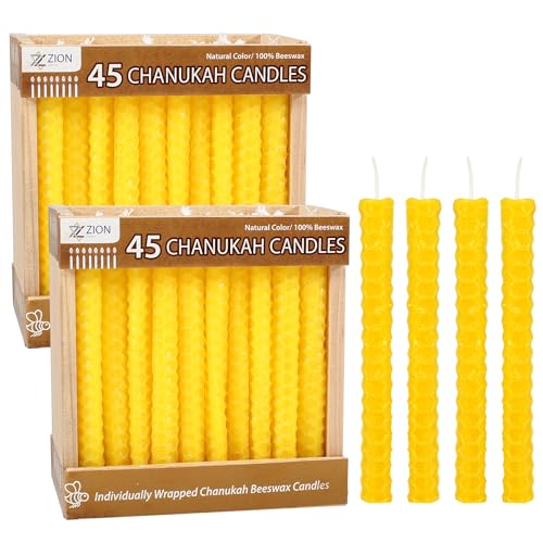 Bougies en cire d'abeille jaune premium Zion Judaica pour Hanoukka en écrin de bois