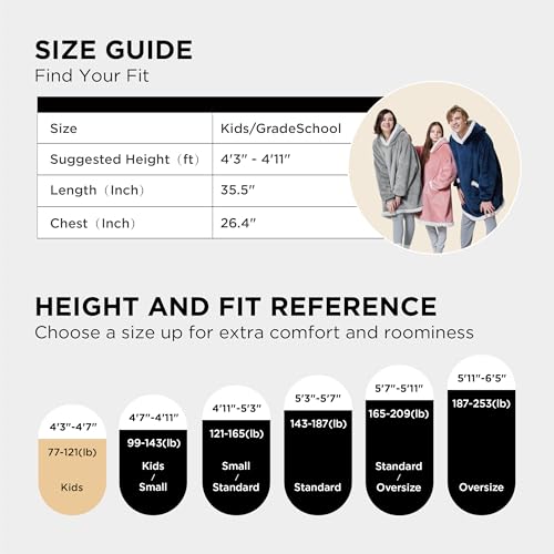 Bedsure Blanket Hoodie, Wearable Blanket for Adults & Kids as Gifts for Women Men, Birthday Gifts for Women Mom Girl Sherpa Oversized Hoodie, Black, Kids