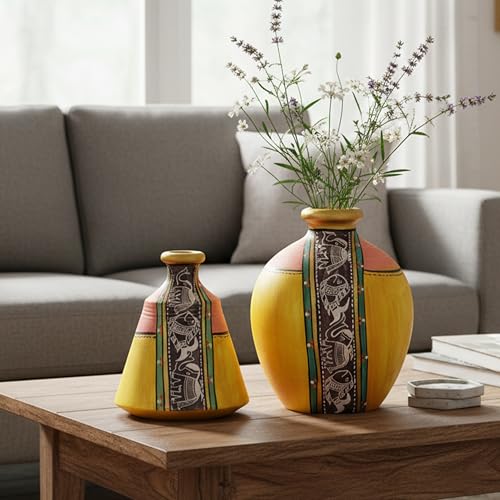 Image of Aakriti Art Creations Yellow Terracotta Vase Set of 2 with Madhubani Art | Handmade Matte Finish Decorative Flower Vases | Table Decor Items, Living Room Showpieces & Housewarming Gift