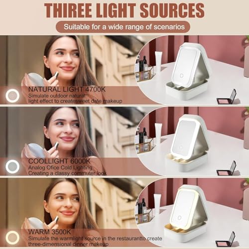 Image of LED Makeup Box with Adjustable Light-Up Mirror, 3 Color Light Settings, Dust-Proof Cosmetic Case, Jewelry Organizer and Multi-Compartment Storage Box for Women (White)