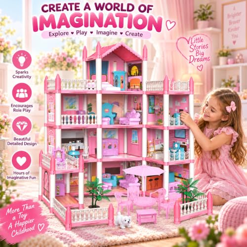 Image of Doll House for Girls 3+ Years, Large Multi-Level Pink Dollhouse with Furniture, Balconies, Rooms, Patio & Pretend Play Accessories, Dream House Toy