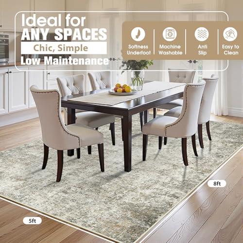 5x8 Area Rugs for Living Room Rug Washable: Abstract Rug for Dining Room Bedroom Carpet Non Slip 5 by 8 Indoor Modern Nursery Home Office Beige Brown