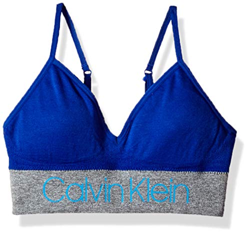 Calvin Klein Kids Girls' Seamless Long Line Wirefree Comfort Bralette Bra, Ck Stripe Logo Bora Blue, Large