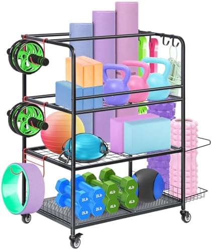 SHINOSKE Home Gym Storage Rack Weight Stand,All in One Home Gym Equipment Storage Rack for Yoga Mat,Dumbbells,Kettlebells,Yoga Ball,Foam Roller,Workout Equipment Organizer with Wheels & Hooks（Black)