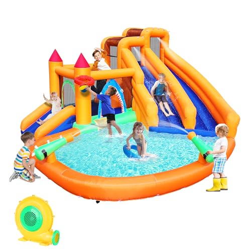 Inflatable Bounce House, Triple Water Slide for Kids with Double Cannon, Climbing Wall, Jumping, Splash Pool, Basketball Hoop for Outdoor Backyard Party, 10 in 1 Giant Castle Included 550W Air Blower