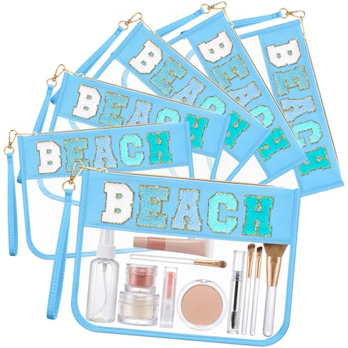 Kacctyen 6 Pcs Beach Bags Chenille Letter Clear Makeup Bag with Zipper Waterproof Cosmetic Toiletry Pouch with Handle Gym Travel Summer Gifts for Women Girls (Blue, Beach)