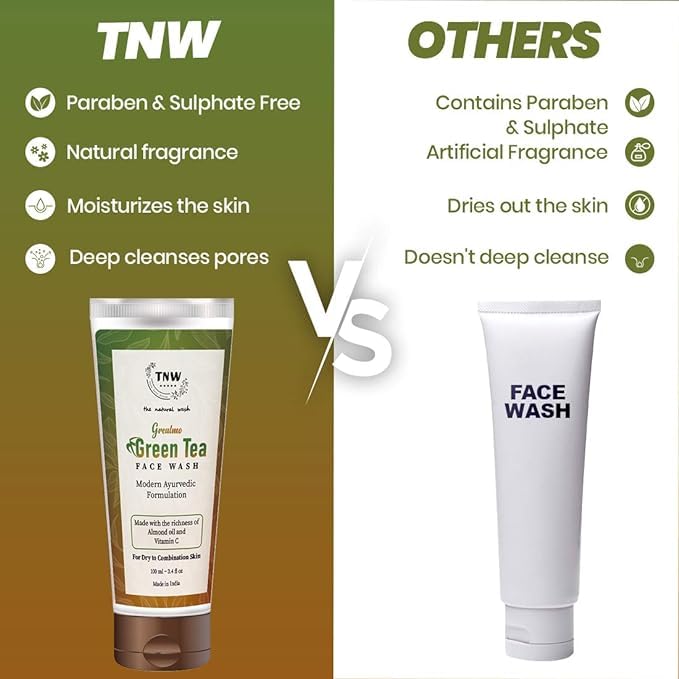Image of TNW-THE NATURAL WASH Green Tea Face Wash | Dirt Removal Face Wash for Men & Women for dry and combination skin with Almond Oil and Vitamin C (100 ml) Pack of 2