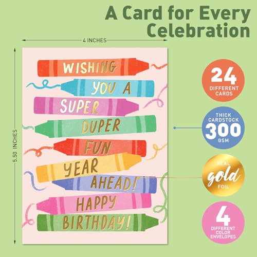 Image of Sweetzer & Orange Happy Birthday Cards with Envelopes & Assortment Box. Variety Set of 24 Assorted Birthday Cards with Envelopes, Perfect Bulk Pack for Celebrations, Special Occasions, Friends-4x5.5 inch