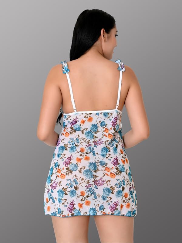 Image of Women's Net Lace Babydoll Lingerie Set | Multicolor Floral Print - Sleeveless Sleepwear with Adjustable Straps and G-String Panty.