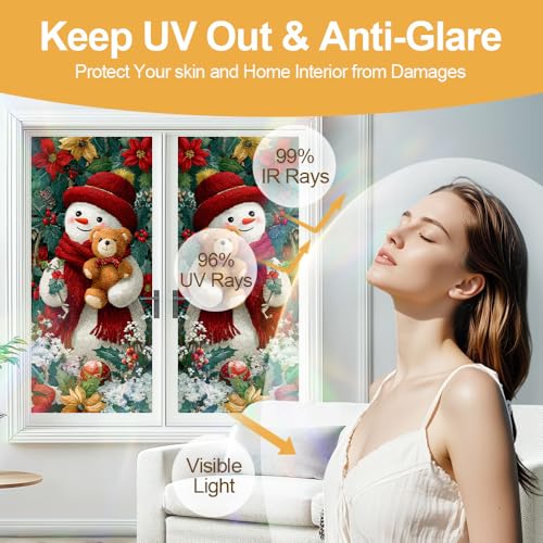 Image of Decorative Window Film 17.32 x 39.37 Inch Snowman Artwork with Teddy Bear and Floral Accents Artistic Window Film for Glass Panels Home Office Studio Display