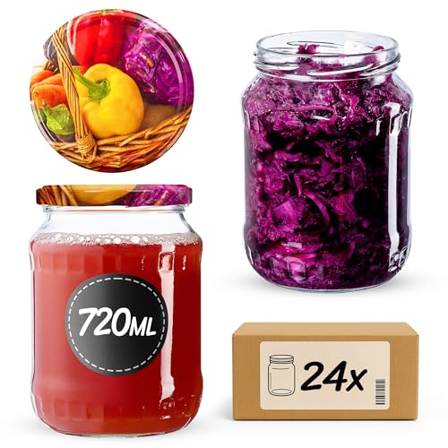 KADAX Tarros de cristal de 720 ml con tapa de rosca fi82 mm, tarros grandes de rosca con tapa, frascos para pepinos, tarros de conserva, tarros de cristal con rosca (pimientos, 24 unidades)