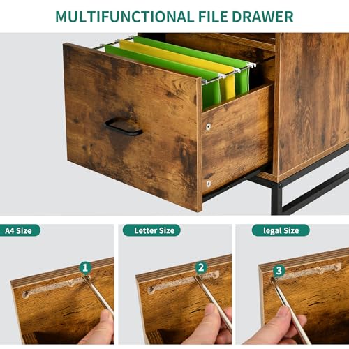 YITAHOME Reversible U-Shaped Desk with Drawers, Power Outlets & LED Lights, Rustic Brown
