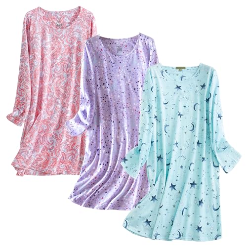 PNAEONG 3 Pack Women's Nightgown, Long Sleeve Sleep Shirts Comfy Soft Nightshirt Women Pajama Sleep Dress Cotton Sleepwear