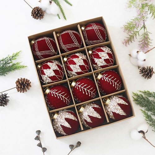Image of 3.15IN Velvet Christmas Ornaments with Glitter, 12pcs Flocked Ornaments Set | burgundy red velvet ornaments for christmas tree decorations set,hanging neutral felt flocked balls bulk plastic shatterproof
