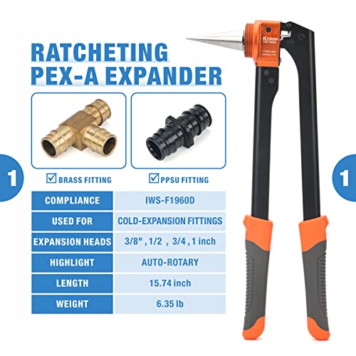 IWISS PEX-A Expansion Tool Kit with 3/8’’, 1/2’’ 3/4’’ & 1’’ Auto Rotation Expander Heads, Tubing Cutter, Ring Removal Tool for Uponor Wirsbo ProPEX, PowerPEX Fittings
