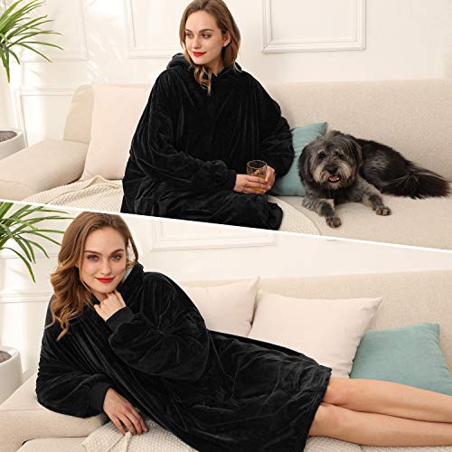 LetsFunny Oversized Hooded Blanket Sweatshirt, Super Soft Warm Comfortable Sherpa Wearable Blanket with Giant Pocket, for Adults Men Women Teenagers Kids, One Size Fits All (Black, Adult)