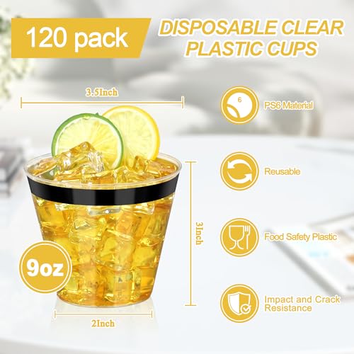 Image of 120 Pcs Black Plastic Cups,9Oz Black Rimmed Plastic Cups,Heavy Duty Clear Disposable Plasitc Cocktail Tumblers Wine Cup for Party,Wedding,Birthday,Christmas