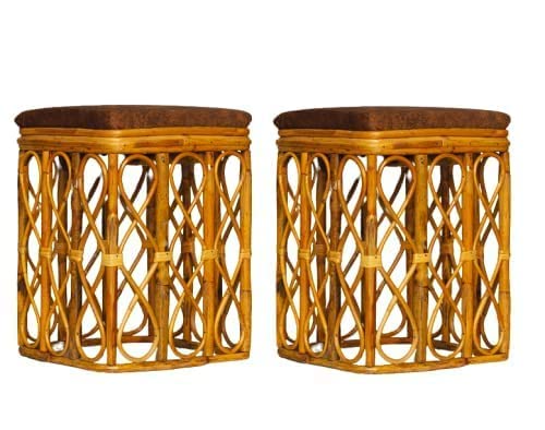 Image of CANE CRAFTS Bamboo Cane Stool Mudda | for Home, Dining Room, Bedroom, Outdoor & Garden | Dust Free | Handmade Natural Cane, Varnish Brown (Set of 2) with Cushion (Square)