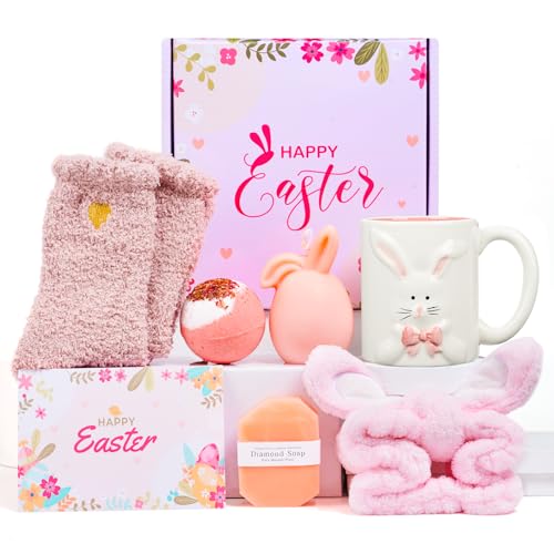 Larchio Easter Basket Essentials For Adults Easter Gifts for Women Basket Sutffers for Teen with Bunny Mug Scented Candle Spa Gifts for Women Teen Girls