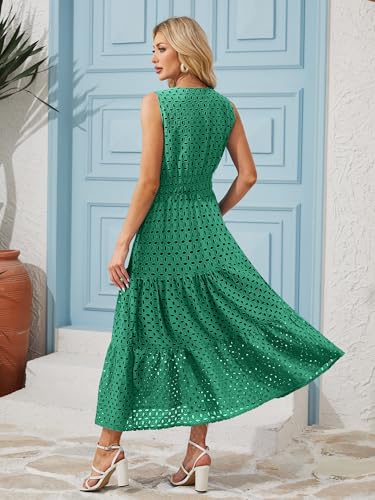 Image of Women 2025 Summer Maxi Dress Casual V Neck Sundress Sleeveless Hollow Out Eyelet a Line Long Flowy Beach Vacation