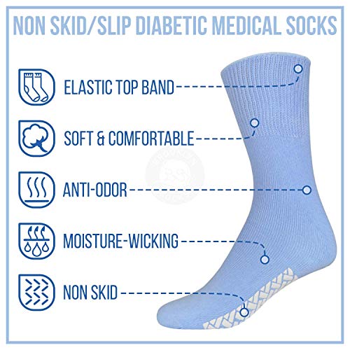 Womens Non-Slip Medical Non-Binding Socks, Cotton With Rubber Gripper Bottom, Assorted Colors, Size 9-113