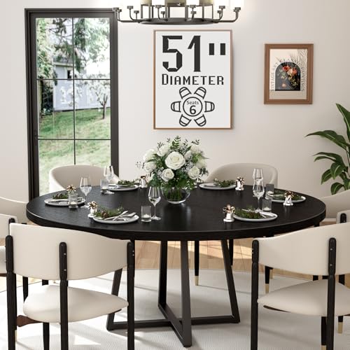 Black Round Dining Table for 6 - Modern Circle 51 Inch Large Room Kitchen Dinning Tables for 4 to 6...