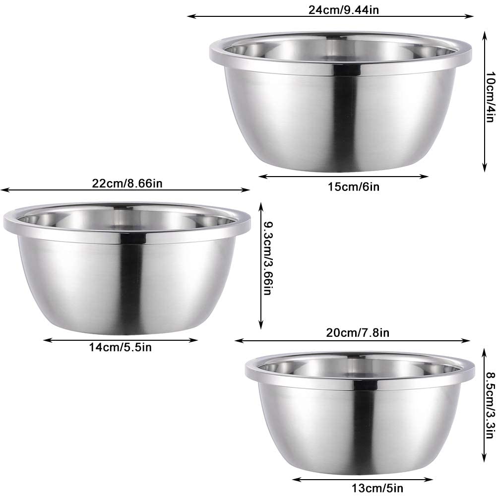 THETHO 3 Ciotole In Acciaio Inox Da Cucina 20-22-24 Cm – Impilabili, Antirombo, Per Cucina E Campeggio