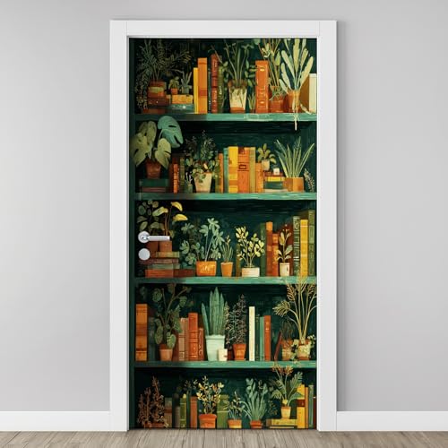 3D Papier Peint Porte Trompe L'Oeil Effect Étagère À Livres Affiche Bibliothèque en Bois Sticker de Porte Poster, Auto-adhésif Imperméable Étagère À...