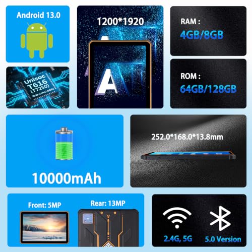 Image of Android 13 Rugged Tablet 10.1 inch 1200x1920 FHD IP68 Waterproof, 8+128GB, Unisoc T616 Octa-Core, 10000mAh Battery, Dual SIM 4G LTE, NFC, GPS,2D Barcode Scanner for Warehouse Construction Outdoor